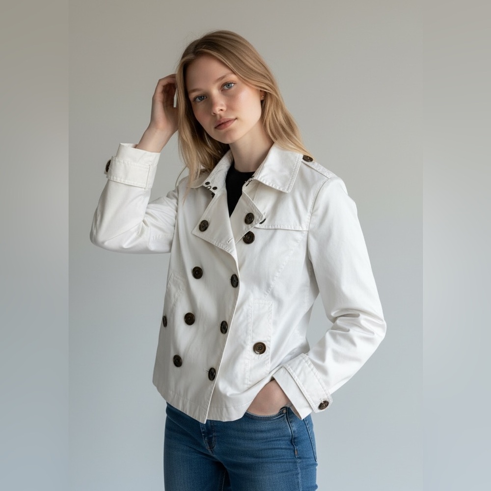 Burberry White Double-Breasted Short Trench Jacket